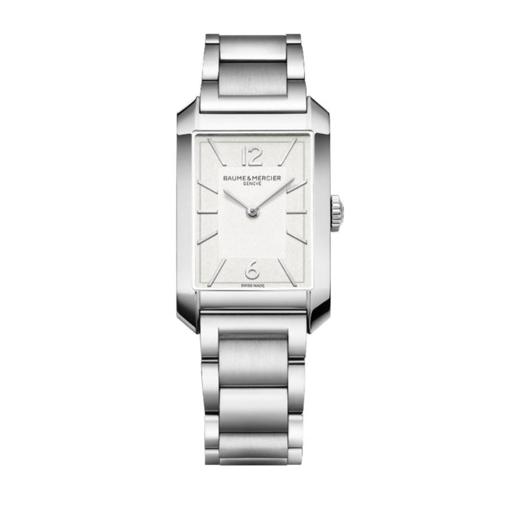 Silver watch and bracelet with square face and clean dial