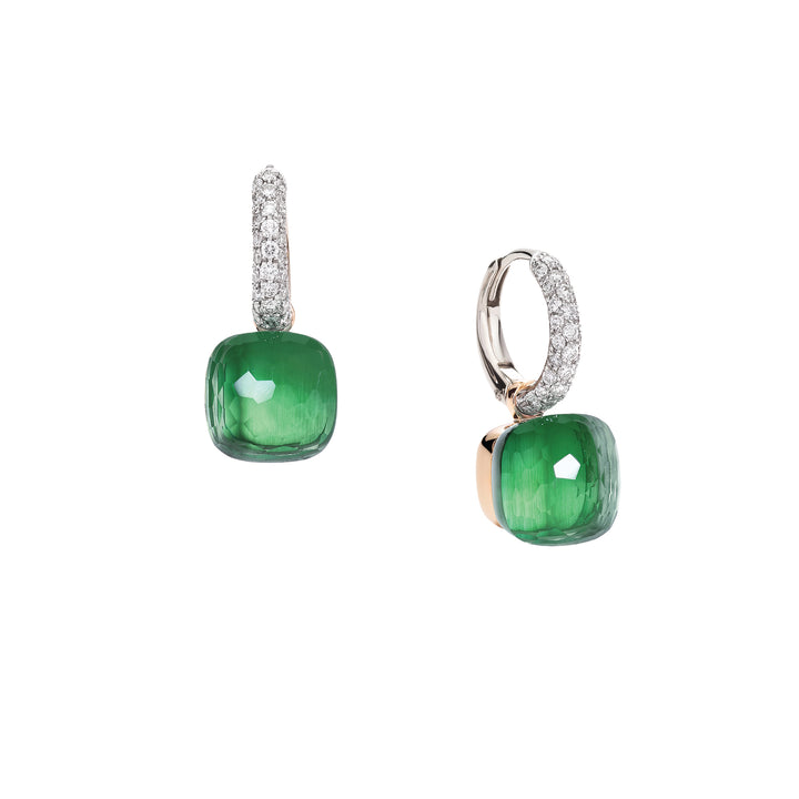 Pomellato Nudo Classic earrings in 18k rose and white gold with prasiolites, green agates, and diamonds POB4010-O6WHR-BPAAV
