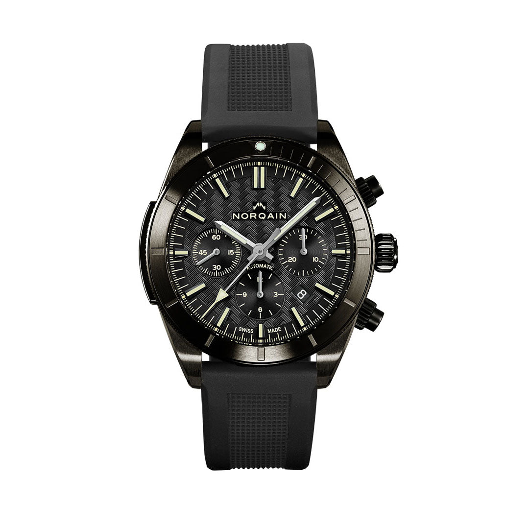 NORQAIN Adventure Chrono automatic watch in black DLC stainless steel with 44 mm rubber strap