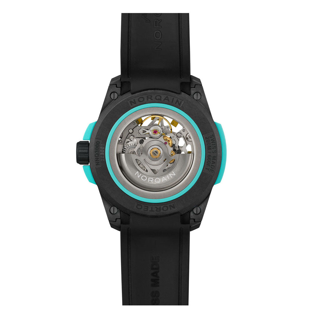Montre NORQAIN Wild ONE Skeleton Turquoise automatique en matériau NORTEQ® à base de fibre de carbone bracelet caoutchouc 42 mm
