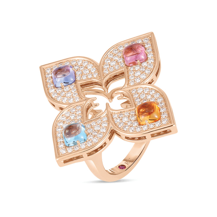 Roberto Coin Venetian Princess ring in 18k rose gold, diamonds, blue topaz, citrine, rubellite and tanzanite 8883464AX65X