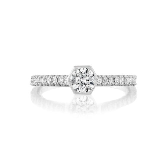 18k white gold octagonal bezel and pavé engagement ring with 0.50 ct diamond