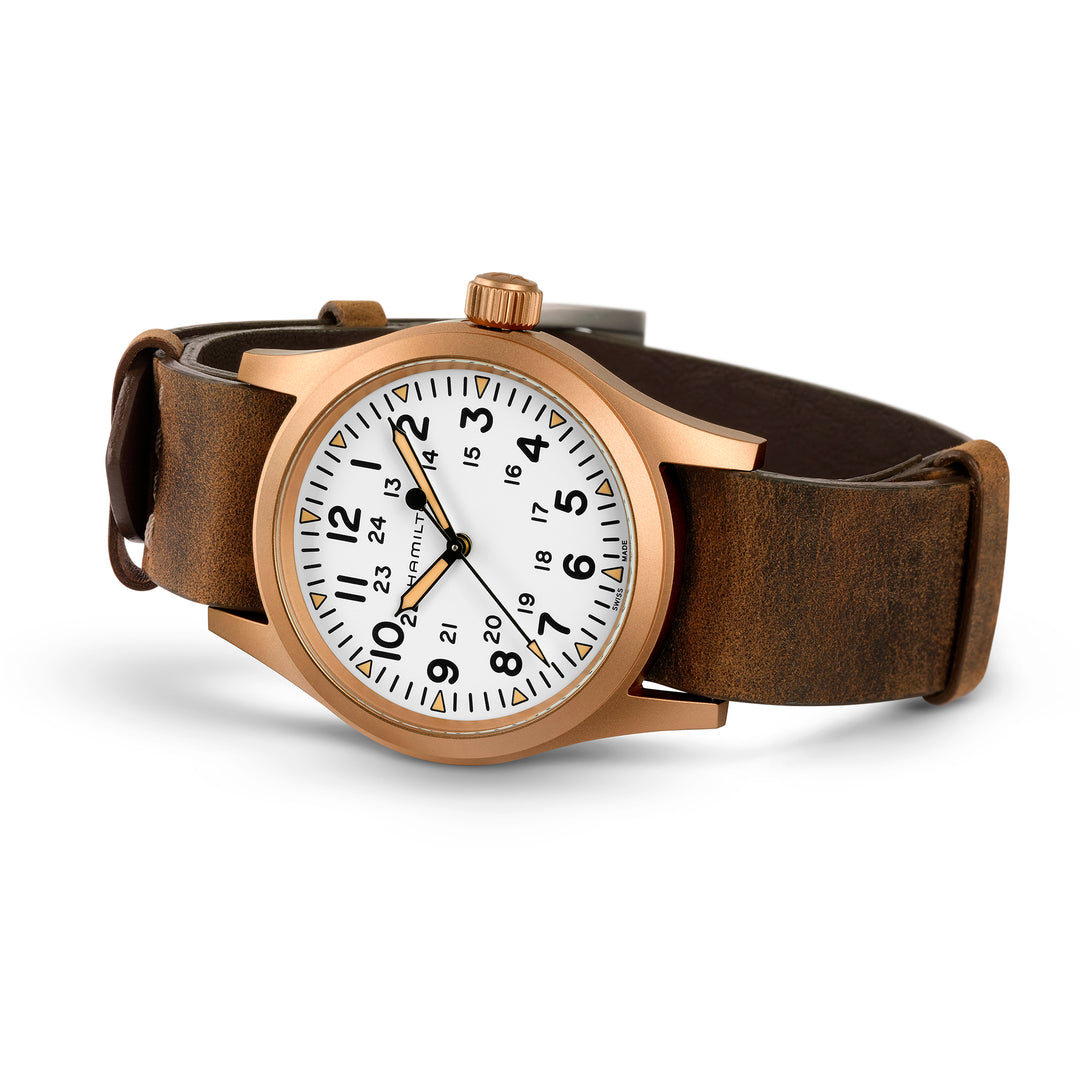 Montre Hamilton Khaki Field Mechanical Bronze à remontage manuel en bronze bracelet cuir 38 mm H69459510