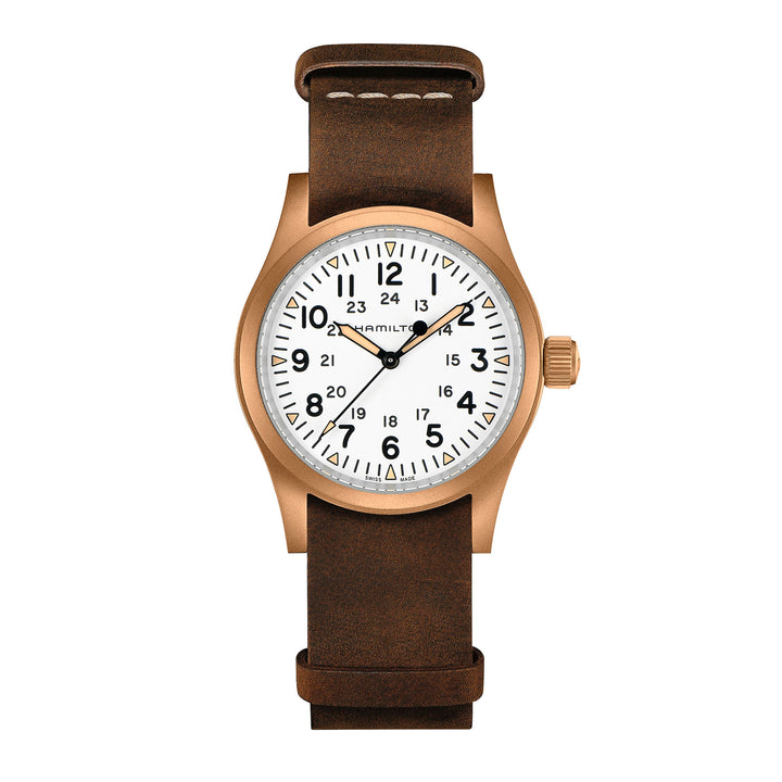 Montre Hamilton Khaki Field Mechanical Bronze à remontage manuel en bronze bracelet cuir 38 mm H69459510
