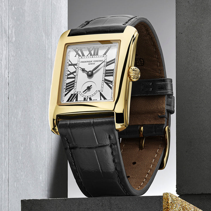 Montre Frederique Constant Classics Carrée Small Seconds quartz en acier inoxydable couleur or jaune bracelet cuir 36 x 25 mm FC-235S2C5