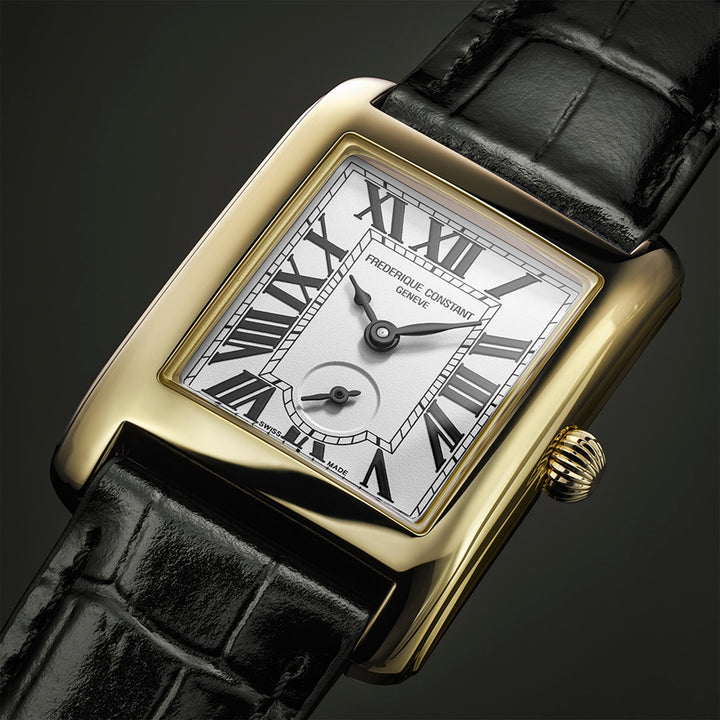 Montre Frederique Constant Classics Carrée Small Seconds quartz en acier inoxydable couleur or jaune bracelet cuir 36 x 25 mm FC-235S2C5