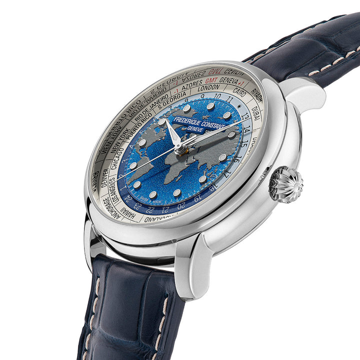 Montre Frederique Constant Classic Worldtimer automatique en acier inoxydable bracelet cuir 40 mm FC-719BLW3H6