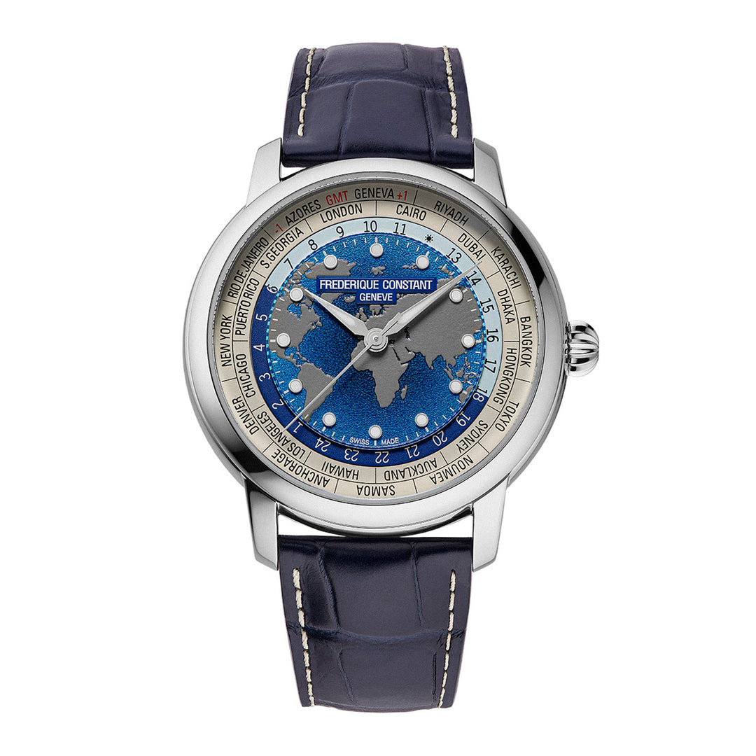 Montre Frederique Constant Classic Worldtimer automatique en acier inoxydable bracelet cuir 40 mm FC-719BLW3H6