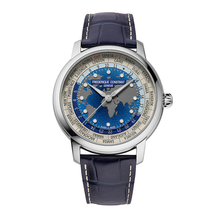 Montre Frederique Constant Classic Worldtimer automatique en acier inoxydable bracelet cuir 40 mm FC-719BLW3H6