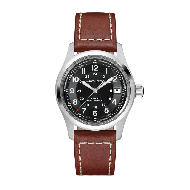Hamilton Khaki Field Auto automatic stainless steel watch with leather strap, 38 mm, H70455533