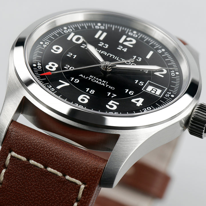 Hamilton Khaki Field Auto automatic stainless steel watch with leather strap, 38 mm, H70455533
