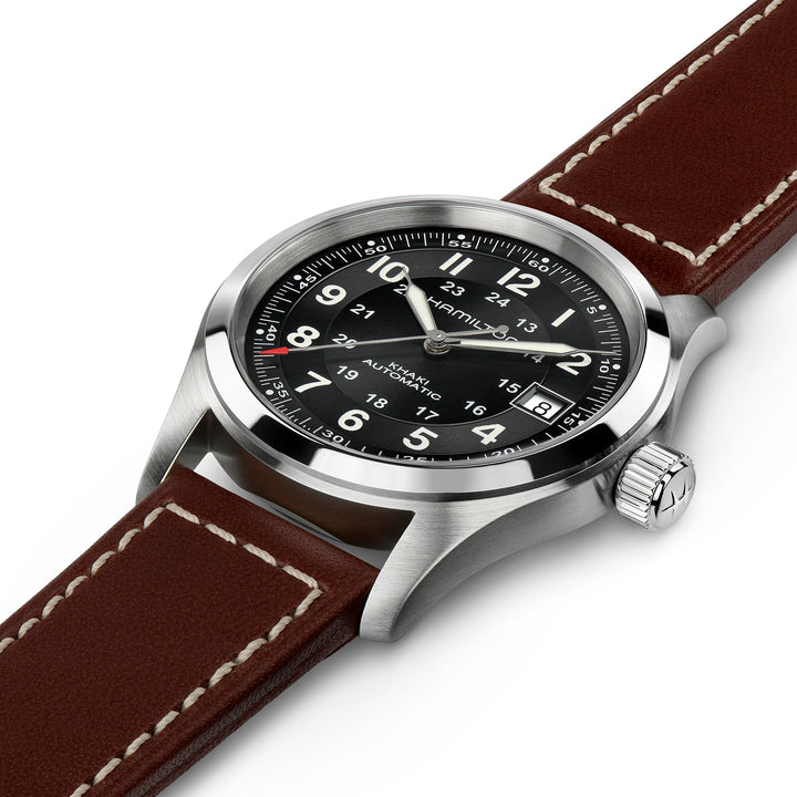 Hamilton Khaki Field Auto automatic stainless steel watch with leather strap, 38 mm, H70455533