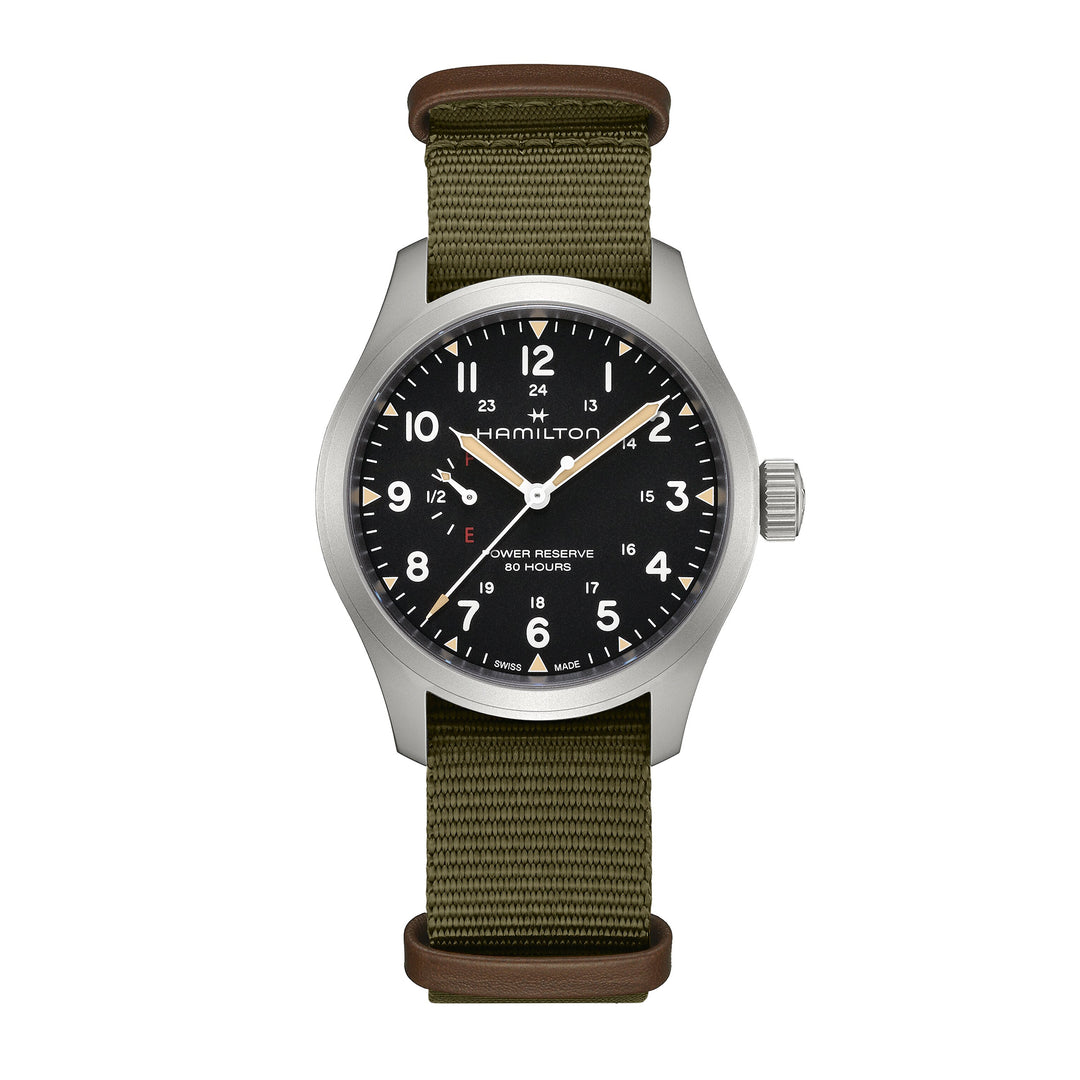 Hamilton Khaki Field Mechanical Power Reserve manual-winding stainless steel watch with fabric strap, 40 mm, H69509930