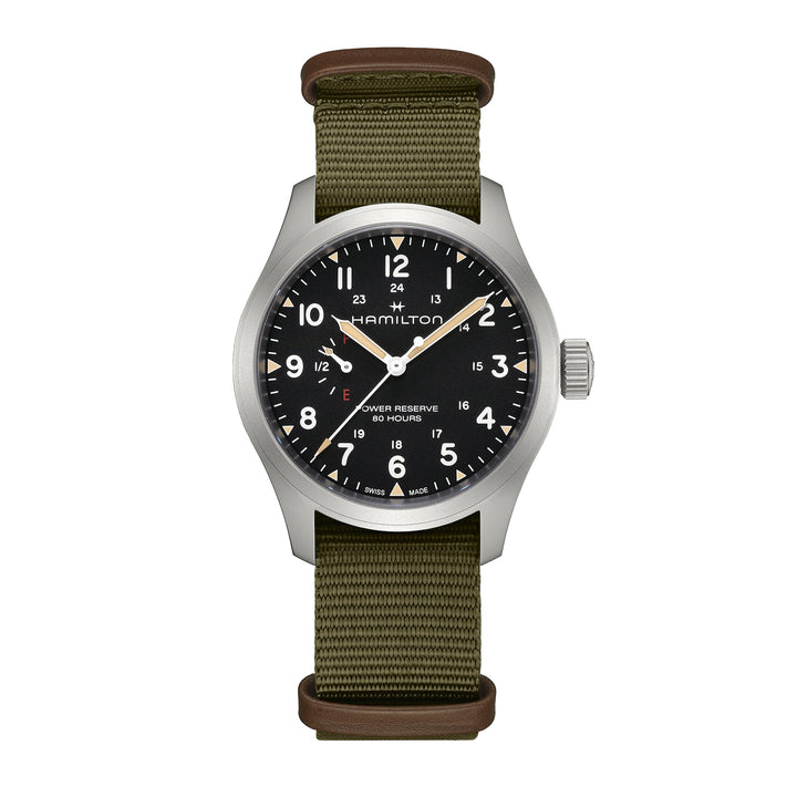Hamilton Khaki Field Mechanical Power Reserve manual-winding stainless steel watch with fabric strap, 40 mm, H69509930