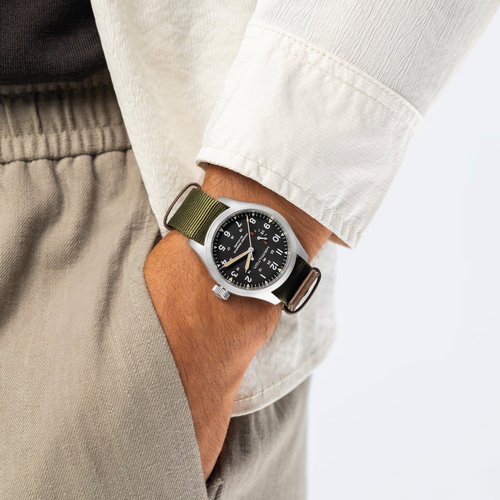 Hamilton Khaki Field Mechanical Power Reserve manual-winding stainless steel watch with fabric strap, 40 mm, H69509930