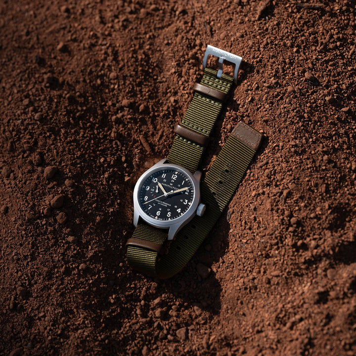 Hamilton Khaki Field Mechanical Power Reserve manual-winding stainless steel watch with fabric strap, 40 mm, H69509930