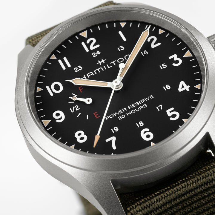 Hamilton Khaki Field Mechanical Power Reserve manual-winding stainless steel watch with fabric strap, 40 mm, H69509930