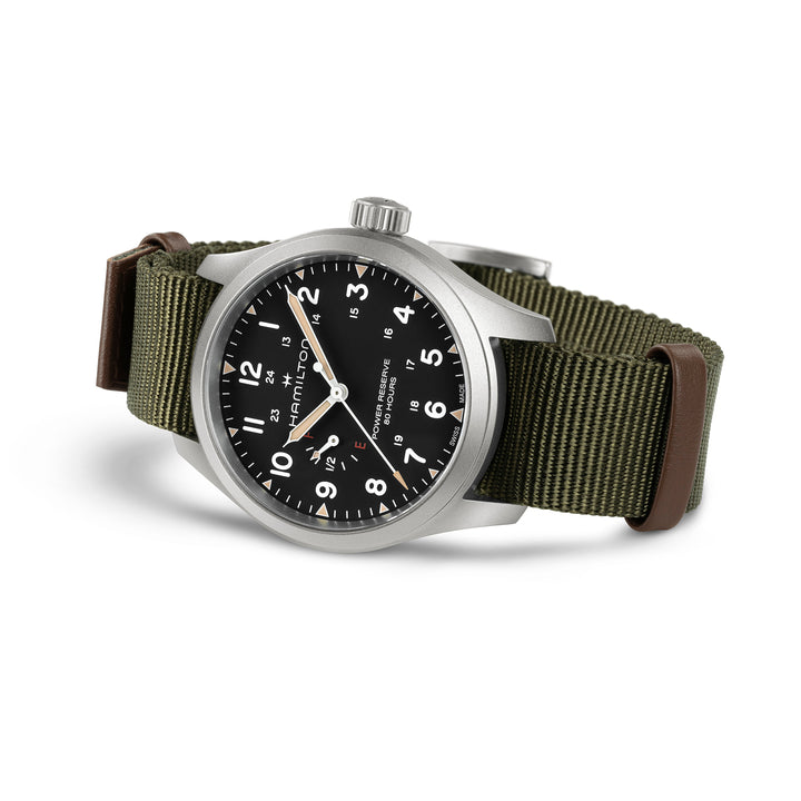Hamilton Khaki Field Mechanical Power Reserve manual-winding stainless steel watch with fabric strap, 40 mm, H69509930
