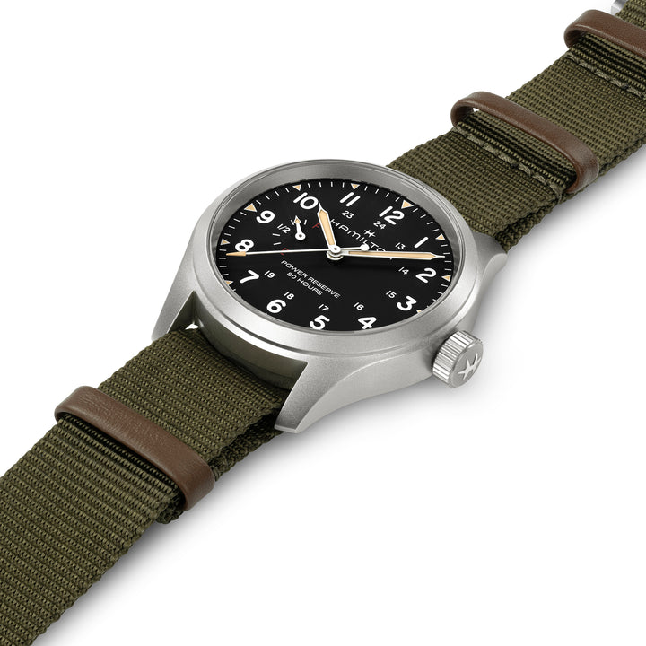 Hamilton Khaki Field Mechanical Power Reserve manual-winding stainless steel watch with fabric strap, 40 mm, H69509930