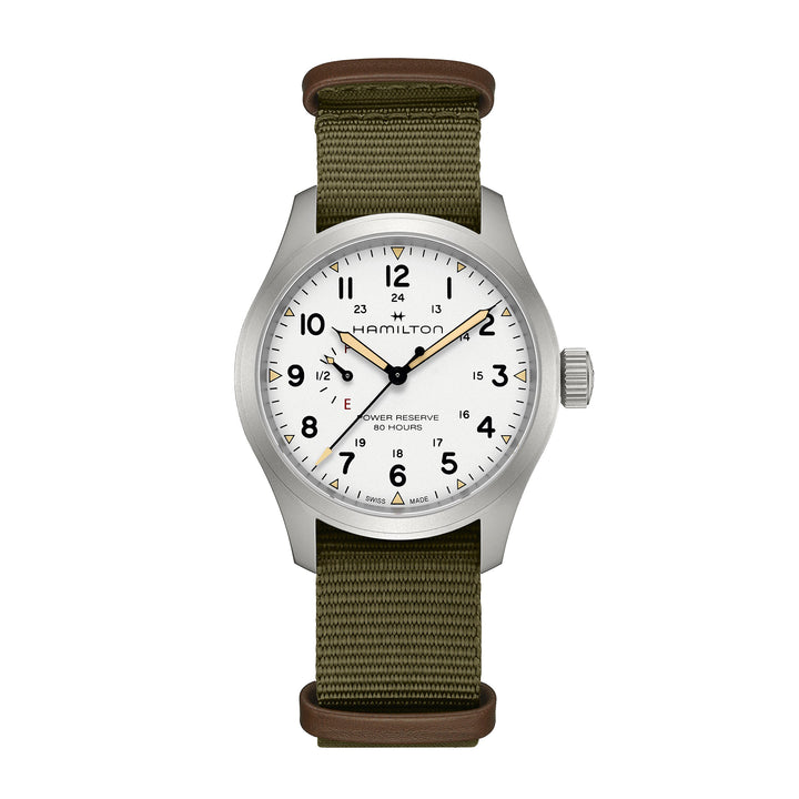 Hamilton Khaki Field Mechanical Power Reserve hand-wound stainless steel watch with fabric strap, 40 mm, H69509910
