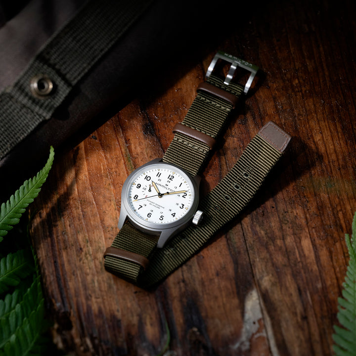 Hamilton Khaki Field Mechanical Power Reserve hand-wound stainless steel watch with fabric strap, 40 mm, H69509910