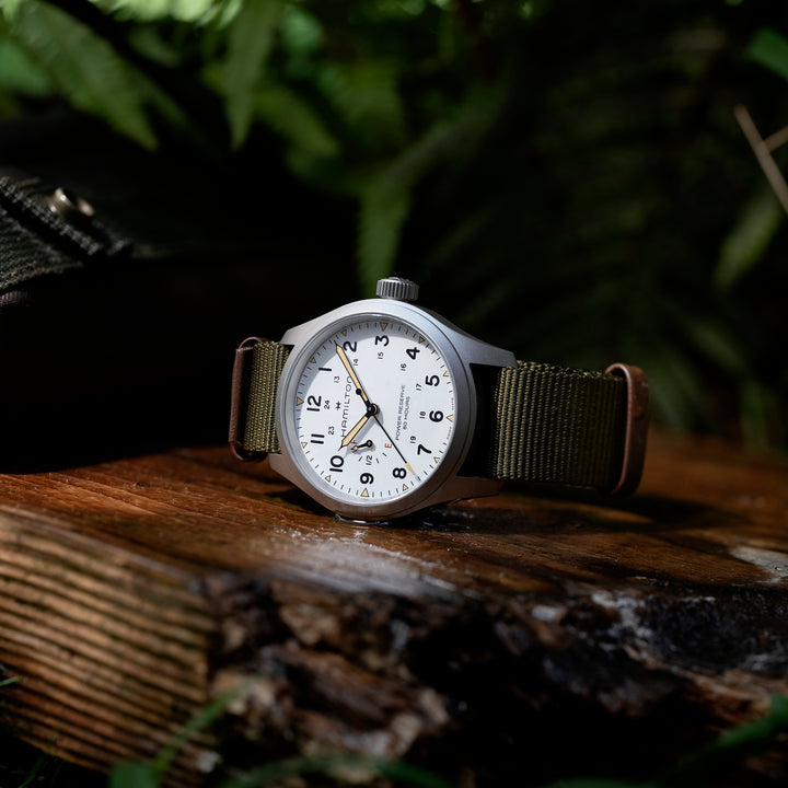 Hamilton Khaki Field Mechanical Power Reserve hand-wound stainless steel watch with fabric strap, 40 mm, H69509910
