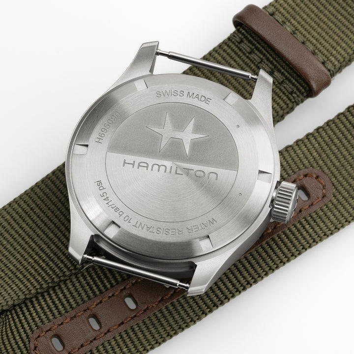 Hamilton Khaki Field Mechanical Power Reserve hand-wound stainless steel watch with fabric strap, 40 mm, H69509910
