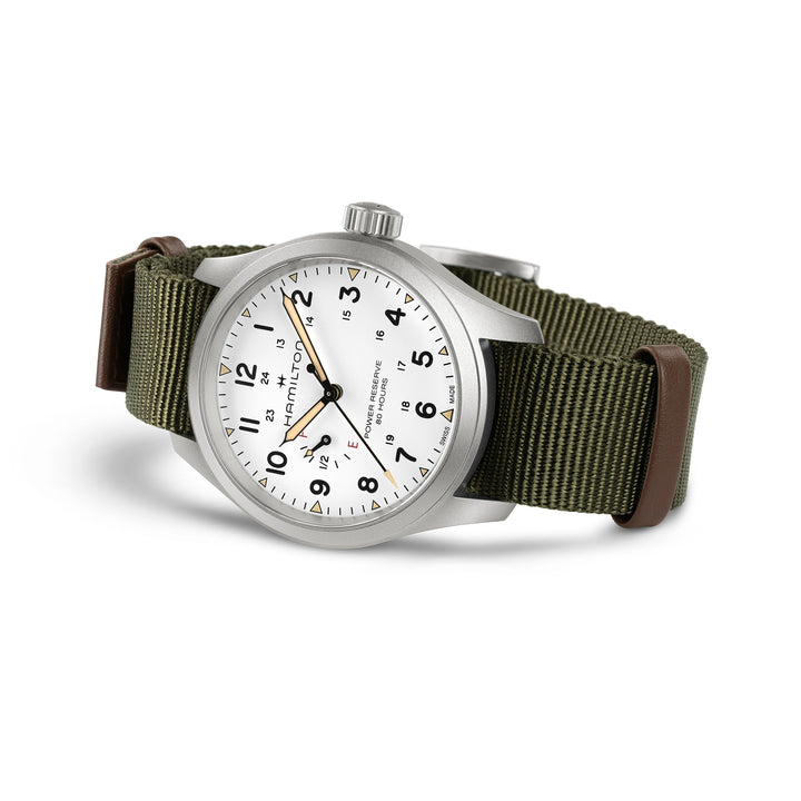 Hamilton Khaki Field Mechanical Power Reserve hand-wound stainless steel watch with fabric strap, 40 mm, H69509910