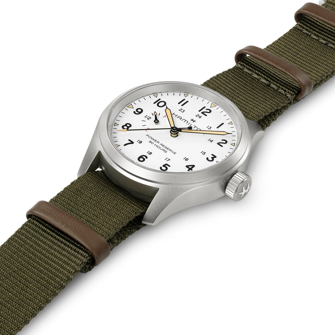 Hamilton Khaki Field Mechanical Power Reserve hand-wound stainless steel watch with fabric strap, 40 mm, H69509910