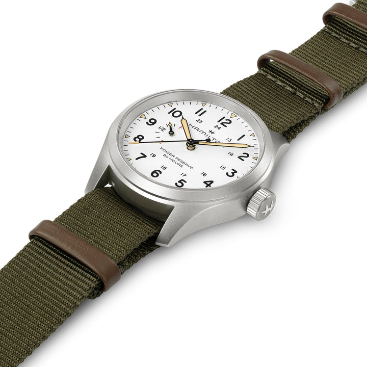 Hamilton Khaki Field Mechanical Power Reserve hand-wound stainless steel watch with fabric strap, 40 mm, H69509910