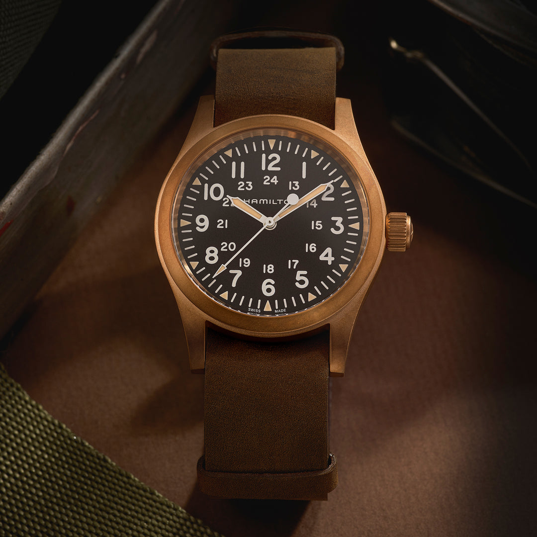 Montre Hamilton Khaki Field Mechanical Bronze à remontage manuel en bronze bracelet cuir 38 mm H69459530