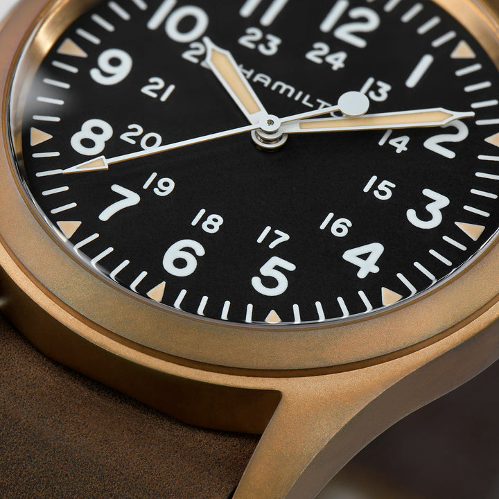 Montre Hamilton Khaki Field Mechanical Bronze à remontage manuel en bronze bracelet cuir 38 mm H69459530