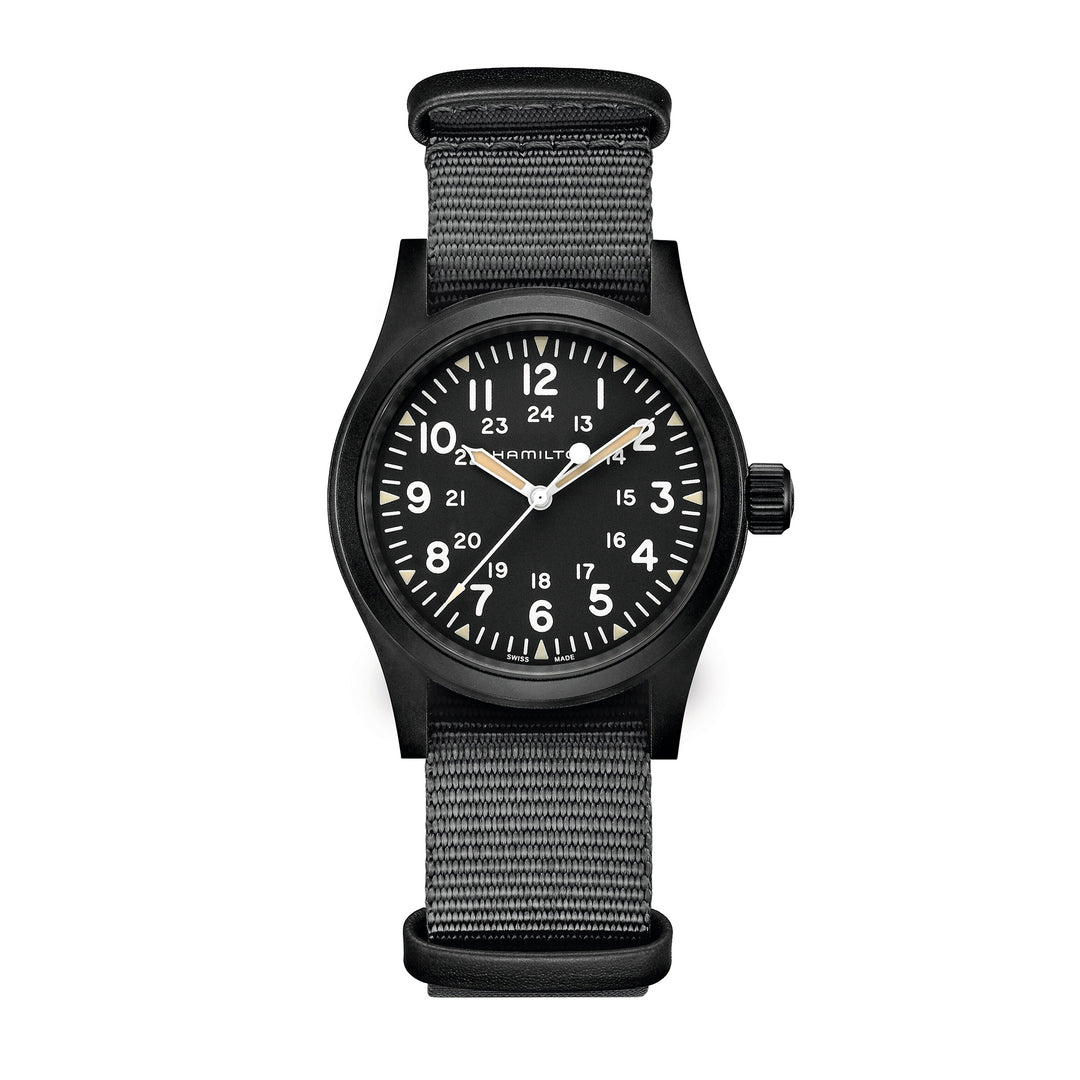 Hamilton Khaki Field Mechanical hand-wound stainless steel watch with black PVD coating and fabric strap, 38 mm, H69409930