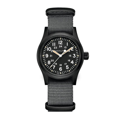 Montre Hamilton Khaki Field Mechanical à remontage manuel en acier inoxydable revêtement PVD noir bracelet tissu 38 mm H69409930