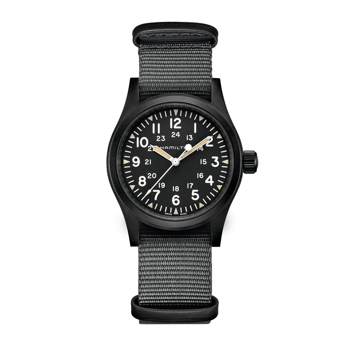 Hamilton Khaki Field Mechanical hand-wound stainless steel watch with black PVD coating and fabric strap, 38 mm, H69409930
