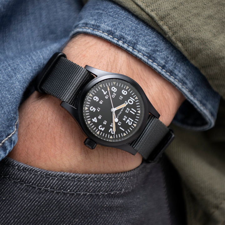 Hamilton Khaki Field Mechanical hand-wound stainless steel watch with black PVD coating and fabric strap, 38 mm, H69409930