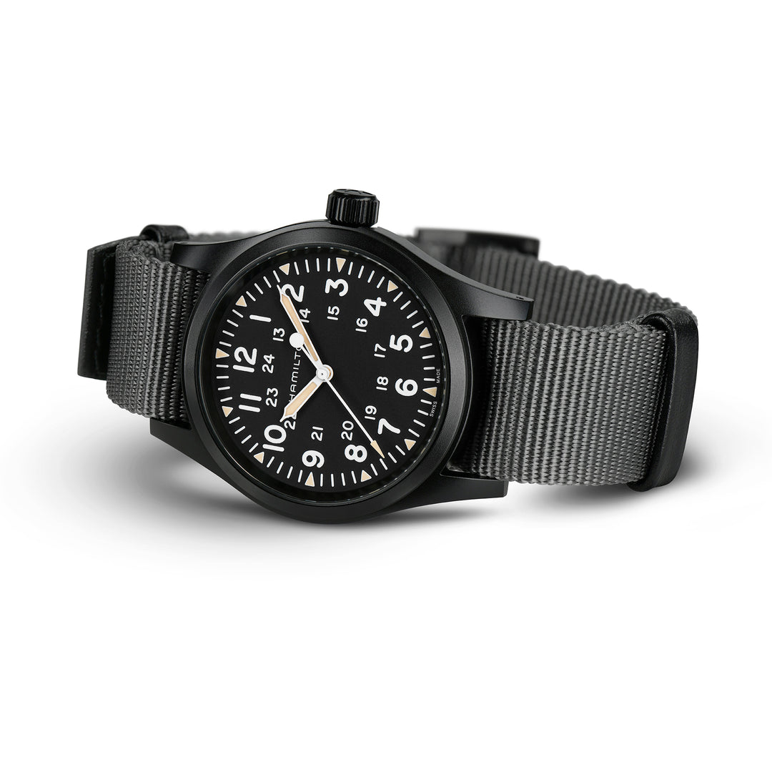 Hamilton Khaki Field Mechanical hand-wound stainless steel watch with black PVD coating and fabric strap, 38 mm, H69409930