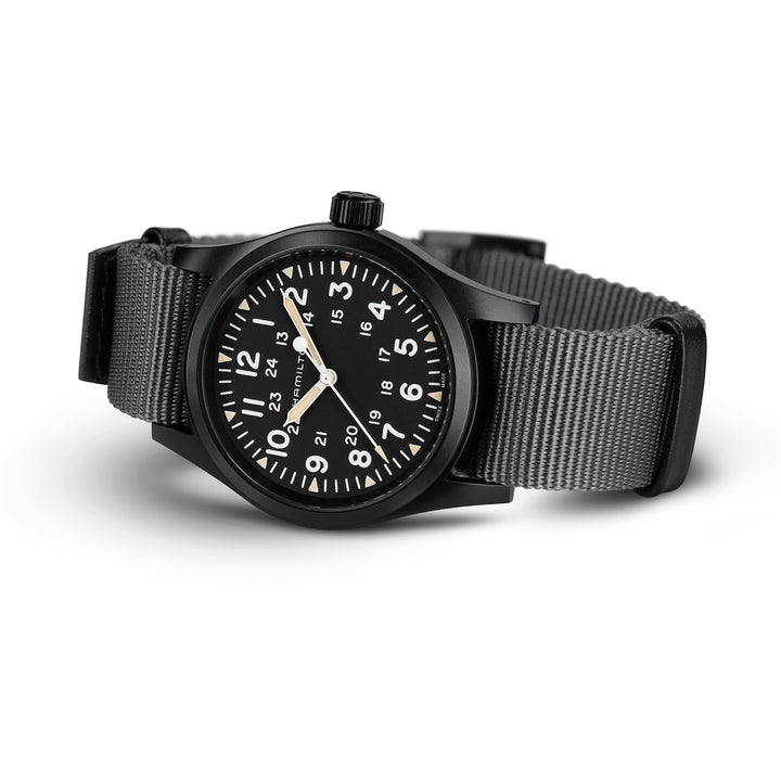 Hamilton Khaki Field Mechanical hand-wound stainless steel watch with black PVD coating and fabric strap, 38 mm, H69409930