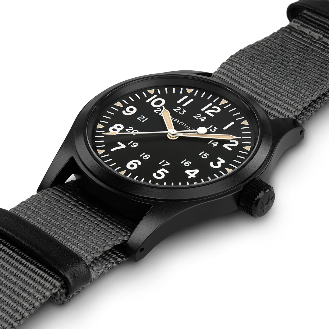 Hamilton Khaki Field Mechanical hand-wound stainless steel watch with black PVD coating and fabric strap, 38 mm, H69409930