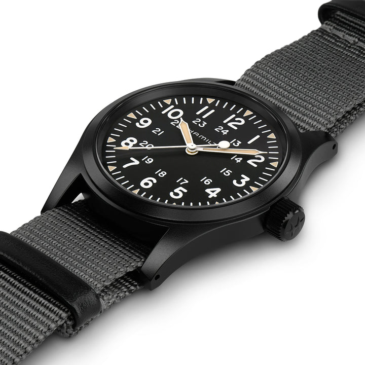 Hamilton Khaki Field Mechanical hand-wound stainless steel watch with black PVD coating and fabric strap, 38 mm, H69409930