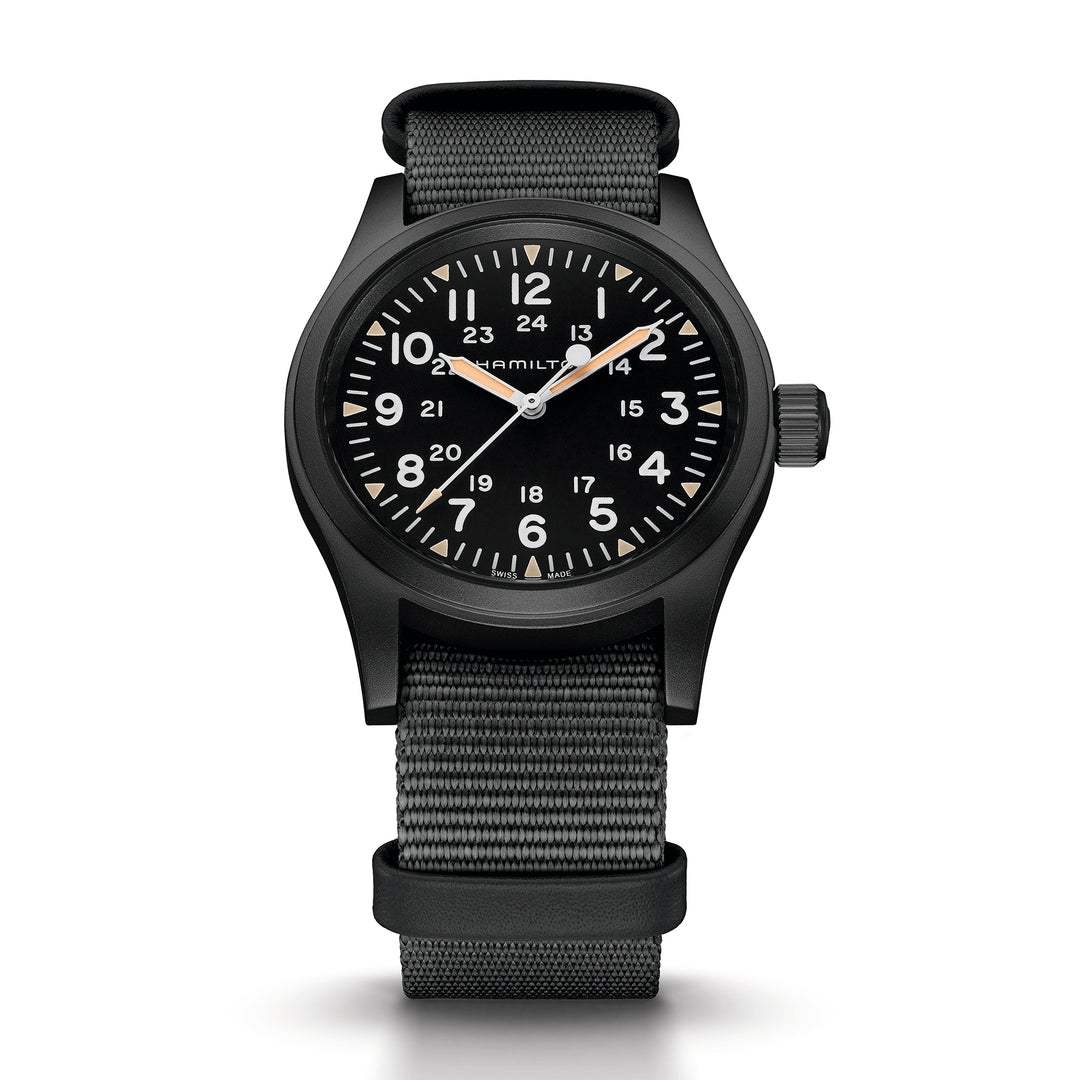 Hamilton Khaki Field Mechanical hand-wound stainless steel watch with black PVD coating and fabric strap, 38 mm, H69409930