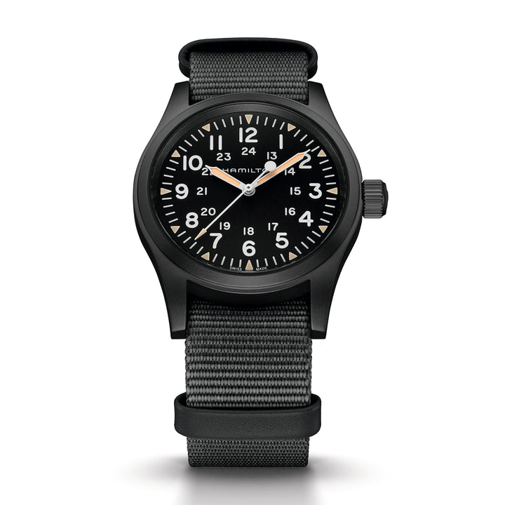 Hamilton Khaki Field Mechanical hand-wound stainless steel watch with black PVD coating and fabric strap, 38 mm, H69409930
