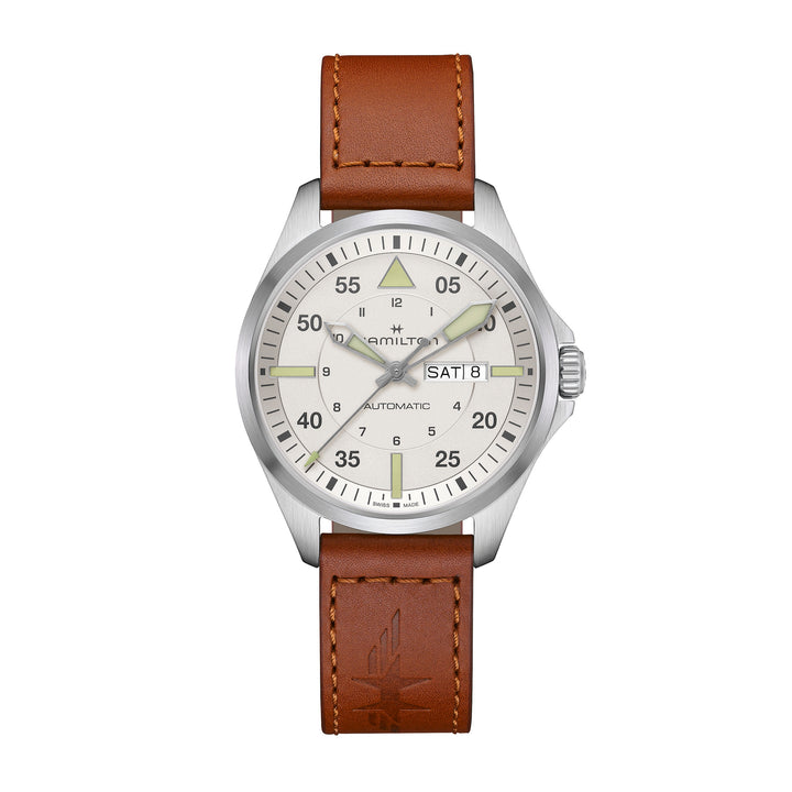 Montre Hamilton Khaki Aviation Pilot Day Date Auto automatique en acier inoxydable avec bracelet en cuir 42 mm H64635550