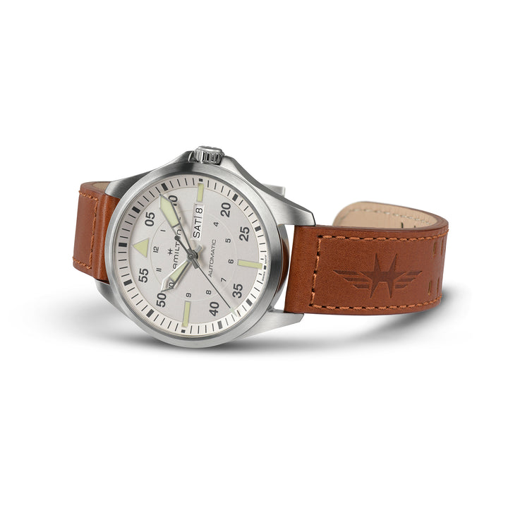 Montre Hamilton Khaki Aviation Pilot Day Date Auto automatique en acier inoxydable avec bracelet en cuir 42 mm H64635550