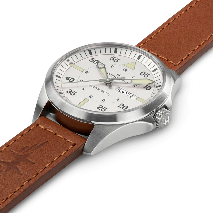 Montre Hamilton Khaki Aviation Pilot Day Date Auto automatique en acier inoxydable avec bracelet en cuir 42 mm H64635550