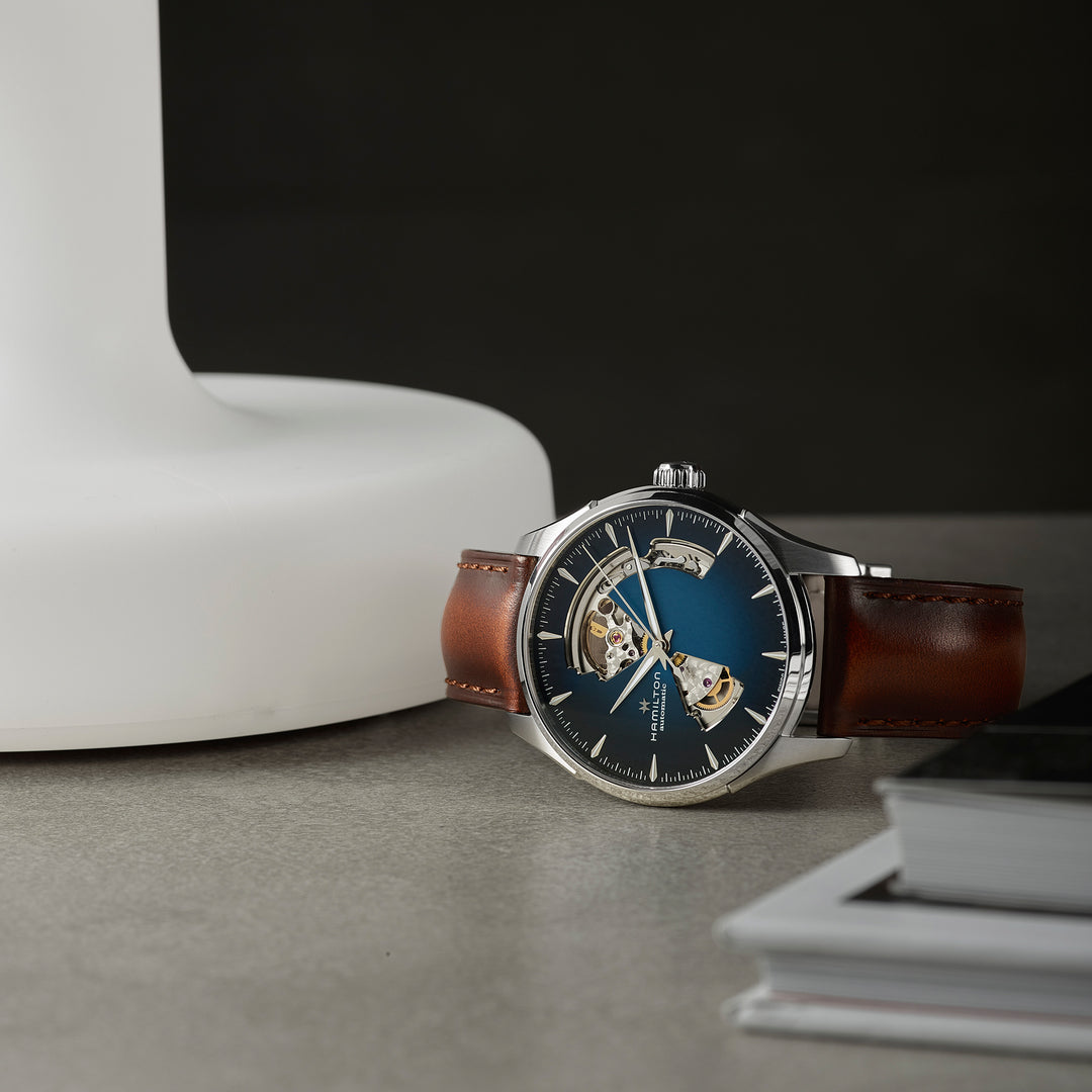 Montre Hamilton Jazzmaster Open Heart Auto automatique en acier inoxydable bracelet cuir 40 mm H32675540