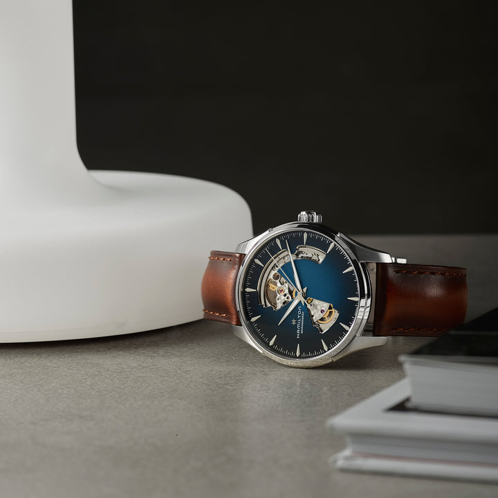 Montre Hamilton Jazzmaster Open Heart Auto automatique en acier inoxydable bracelet cuir 40 mm H32675540