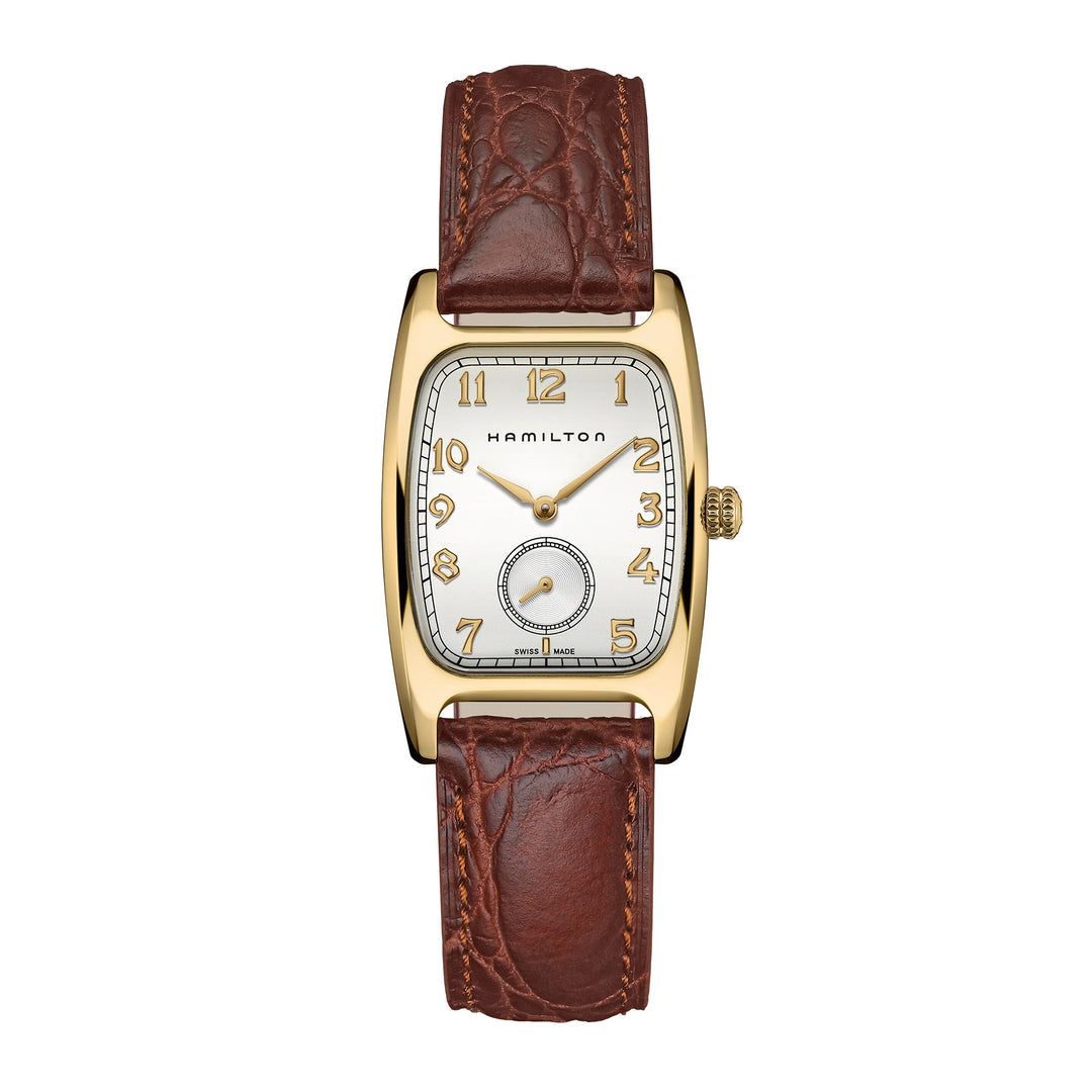 Hamilton American Classic Boulton Quartz watch in stainless steel with yellow-gold PVD coating and leather strap, 27 × 32 mm, H13431553