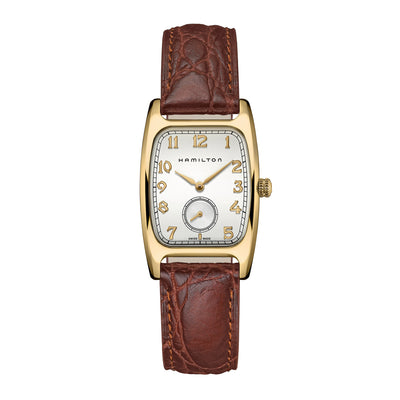 Montre Hamilton American Classic Boulton Quartz en acier inoxydable revêtement PVD or jaune bracelet cuir 27 x 32 mm H13431553