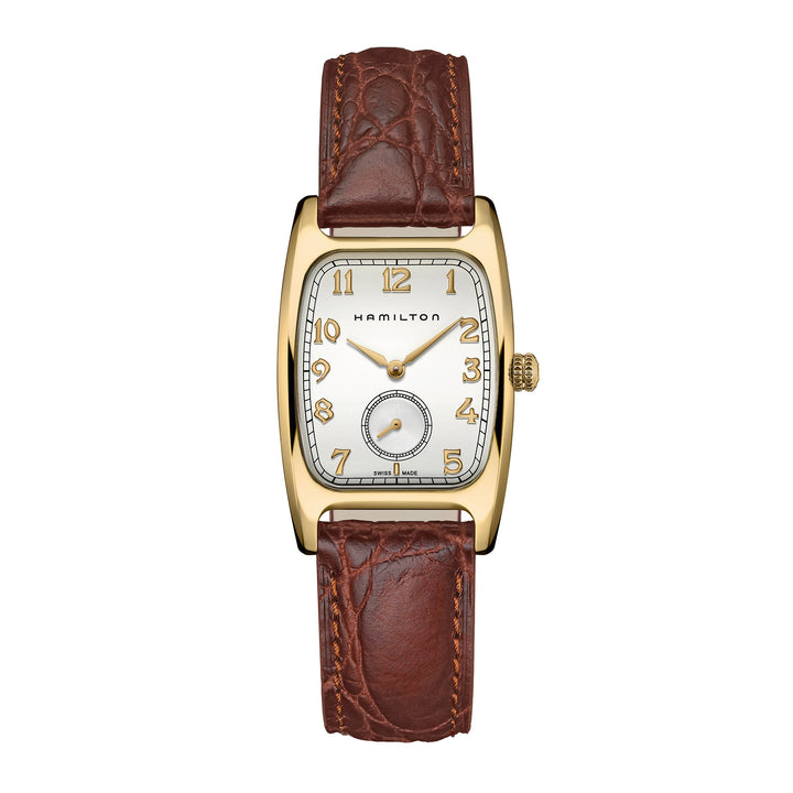 Hamilton American Classic Boulton Quartz watch in stainless steel with yellow-gold PVD coating and leather strap, 27 × 32 mm, H13431553